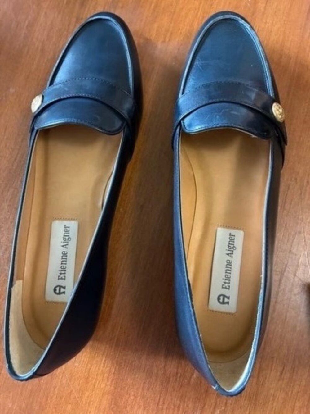 Etienne Aigner Navy Blue Loafers W Gold Button Size 9 Vintage New Narrow